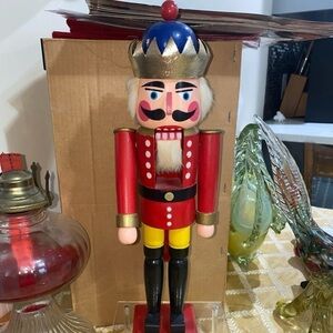 Wooden Nutcracker King Royal Wooden‎ Mustache And Eyebrow Vintage 15" Red Blue